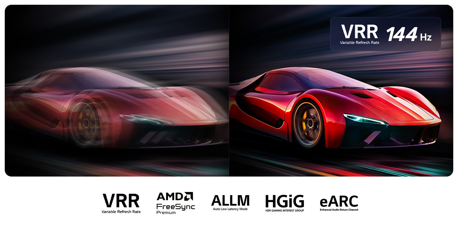 Deux images d’une voiture dans un jeu vidéo côte à côte. Une image affiche beaucoup de flou de mouvement. L’autre est nette, avec une parfaite mise au point, présentant la fréquence d’images élevée de la LG QNED TV.