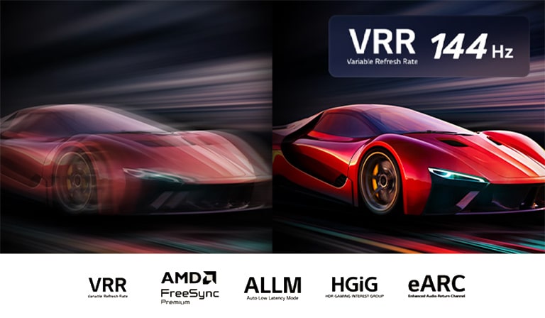 Deux images d’une voiture dans un jeu vidéo côte à côte. Une image affiche beaucoup de flou de mouvement. L’autre est nette, avec une parfaite mise au point, présentant la fréquence d’images élevée de la LG QNED TV.