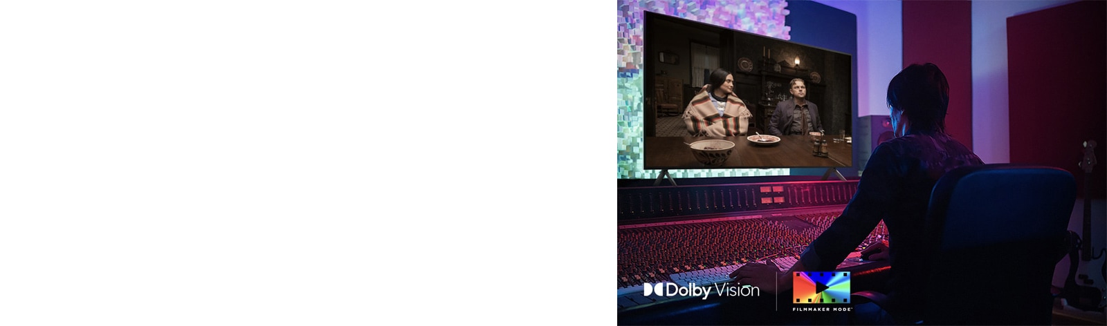 Un réalisateur face à un panneau de contrôle en train d’éditer le film « Killers of the Flower Moon » sur une LG QNED TV. En bas à gauche, on voit le logo Dolby Vision et le logo FILMMAKER MODE™.