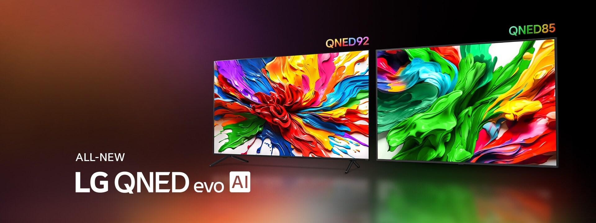 LG TVs présentant à l’écran des œuvres d’art colorées mettant en valeur la nouvelle technologie de reproduction des couleurs éclatantes et dynamiques de LG QNED. Le logo TOUTE NOUVELLE LG QNED evo AI est également présent.