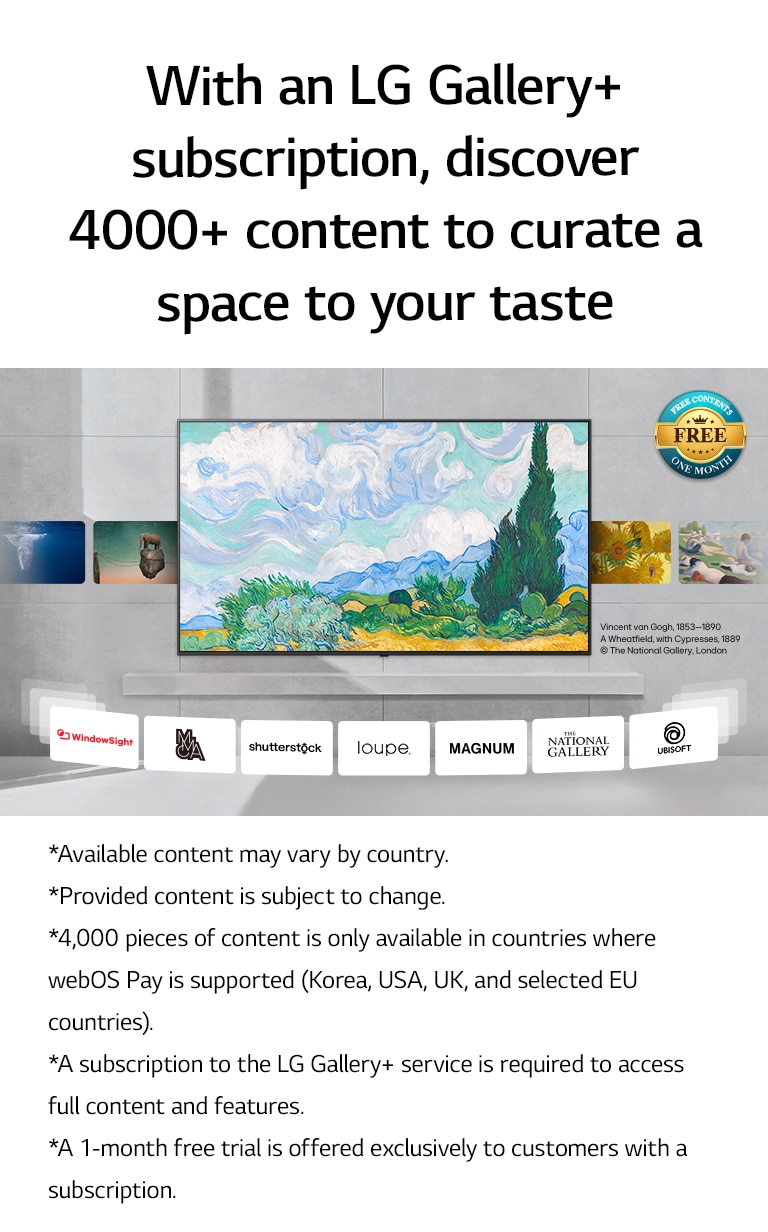 LG TV fixée au mur avec une variété de contenus allant de l’art classique, l’art moderne à la 3D et plus encore. Les logos des partenaires de contenu sont également affichés. Le badge gratuit dans le coin indique du contenu gratuit, un mois.