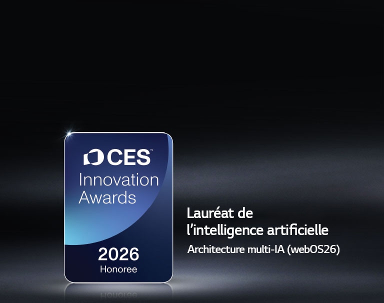 Le badge du lauréat des CES Innovation Awards 2026 est présenté sur un fond sombre. L’architecture multi-IA est reconnue dans la catégorie Intelligence artificielle.	