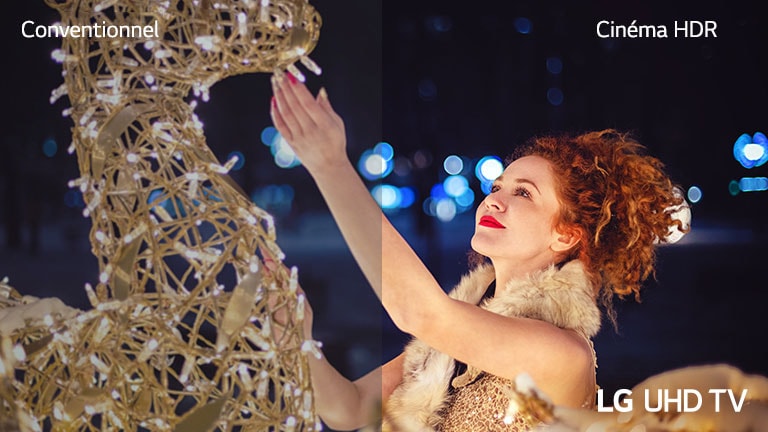 Une scène d’une femme touchant un objet exposé, couvert de petites ampoules, est divisée en deux pour une comparaison visuelle. Sur l’image, figure un texte de Conventionnel en haut à gauche, Active HDR en haut à droite, et le téléviseur UHD LG en bas à droite.