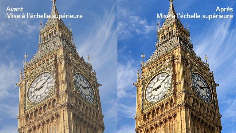 Une image de Big Ben à droite accompagnée du texte « Après mise à l’échelle supérieure » présente une image plus nette et plus claire que la même image à gauche accompagnée du texte « Avant mise à l’échelle supérieure ».
