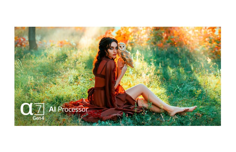 Une scène d’une femme tenant une chouette et assise dans la forêt avec le texte d’un film en haut à gauche et le logo du processeur a7 Gen4 IA en bas a gauche. Une scène d’un château et de la lune en arrière plan avec un texte d’animation en haut à gauche et le logo du processeur a7 Gen4 IA en bas à gauche. (lire la vidéo)