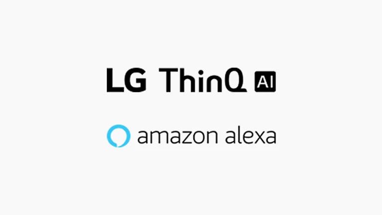 Le logo LG ThinQ AI, le logo, et le logo d’Amazon Alexa sont disposés verticalement sur un fond blanc.