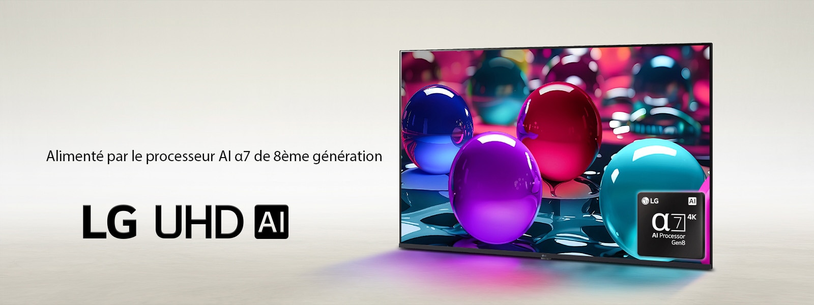 La LG UHD TV est légèrement inclinée vers la gauche et représente des marbres colorés placés dans différentes couleurs, rose, bleu et violet. Le logo processeur alpha 7 AI de 8ème génération est situé dans le coin inférieur droit de la TV. Le logo du LG UHD AI se trouve dans le coin en bas à gauche. Le texte est également visible, alimenté par le processeur alpha 7 AI de 8ème génération.