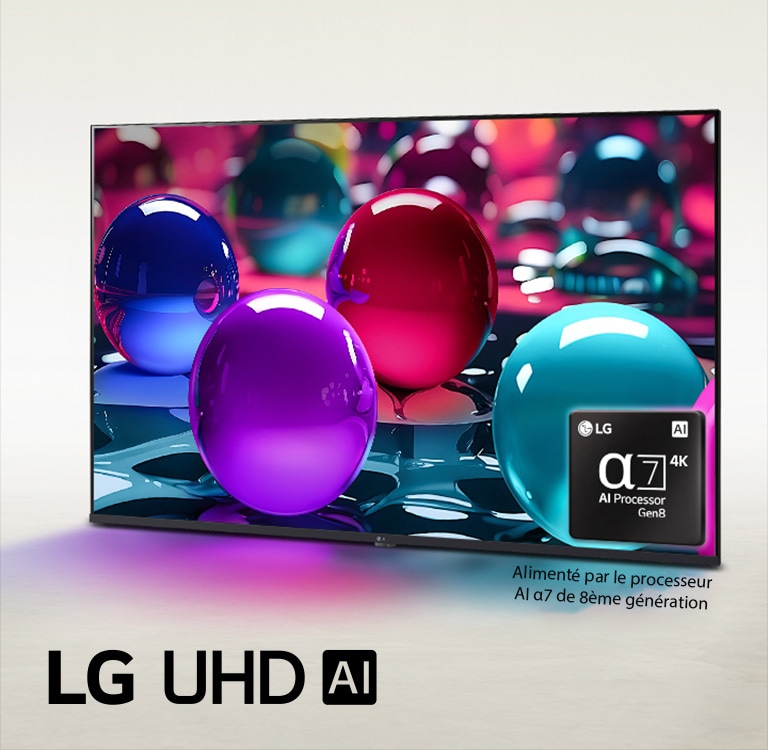 La LG UHD TV est légèrement inclinée vers la gauche et représente des marbres colorés placés dans différentes couleurs, rose, bleu et violet. Le logo processeur alpha 7 AI de 8ème génération est situé dans le coin inférieur droit de la TV. Le logo du LG UHD AI se trouve dans le coin en bas à gauche. Le texte est également visible, alimenté par le processeur alpha 7 AI de 8ème génération.