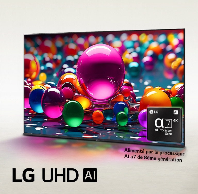 La LG UHD TV est légèrement inclinée vers la gauche et représente des marbres colorés placés dans différentes couleurs, rose, bleu et violet. Le logo processeur alpha 7 AI de 8ème génération est situé dans le coin inférieur droit de la TV. Le logo du LG UHD AI se trouve dans le coin en bas à gauche. Le texte est également visible, alimenté par le processeur alpha 7 AI de 8ème génération.
