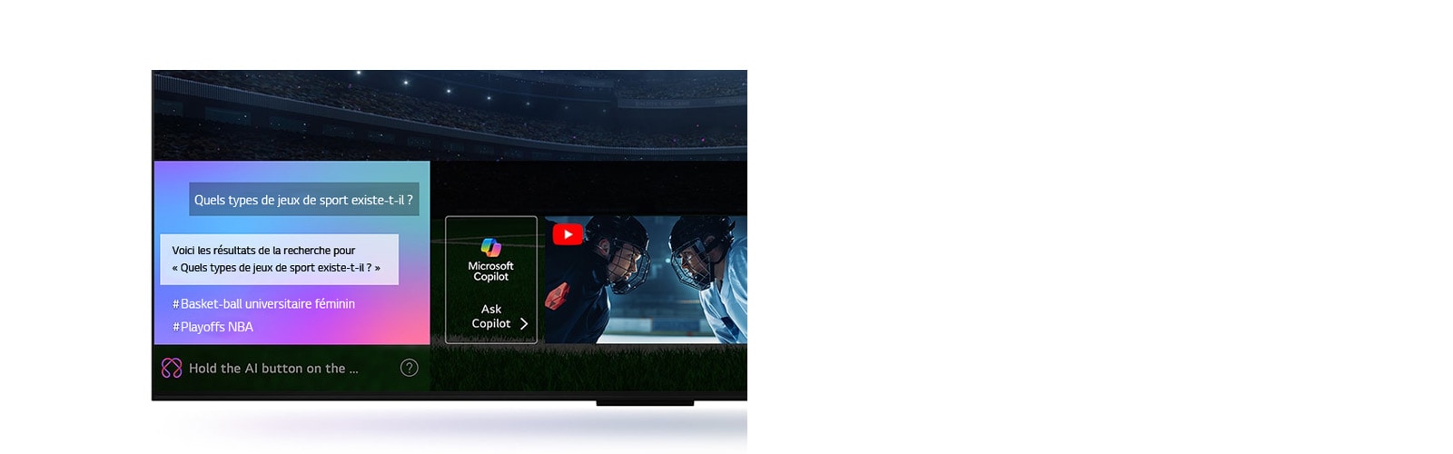 Gros plan d’une LG QNED TV montrant le fonctionnement de la recherche par IA, AI Search. Une petite fenêtre de chat est ouverte, montrant comment l’utilisateur a demandé les jeux de sport disponibles. La recherche par IA a répondu par chat et en montrant des vignettes des contenus disponibles. On voit aussi une invite à faire une demande à Microsoft Copilot. 