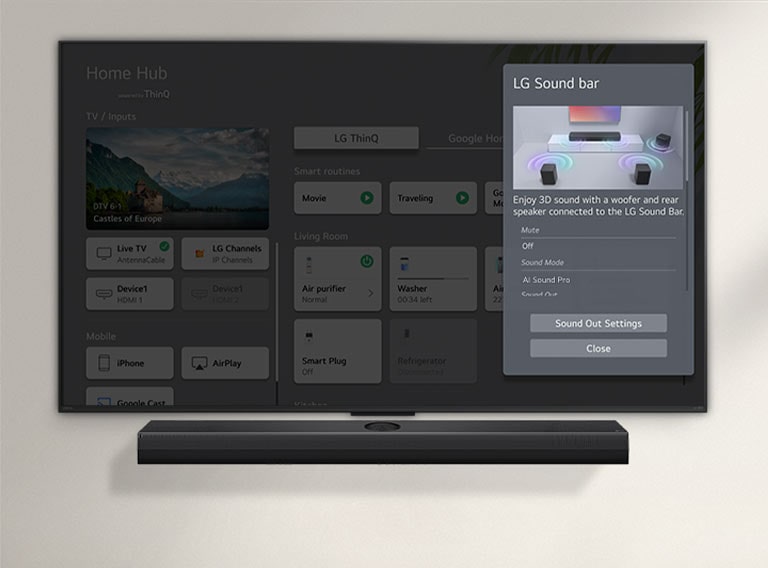 La LG Soundbar se trouve sous une LG UHD TV. Sur l’écran de TV se trouve l’interface utilisateur pour les commandes de volume de la Soundbar et de la TV.