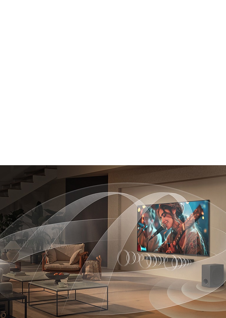 Salon avec une LG UHD TV et une LG Soundbar avec des graphiques représentant la façon dont les deux appareils remplissent l’espace avec un son multi-surround.