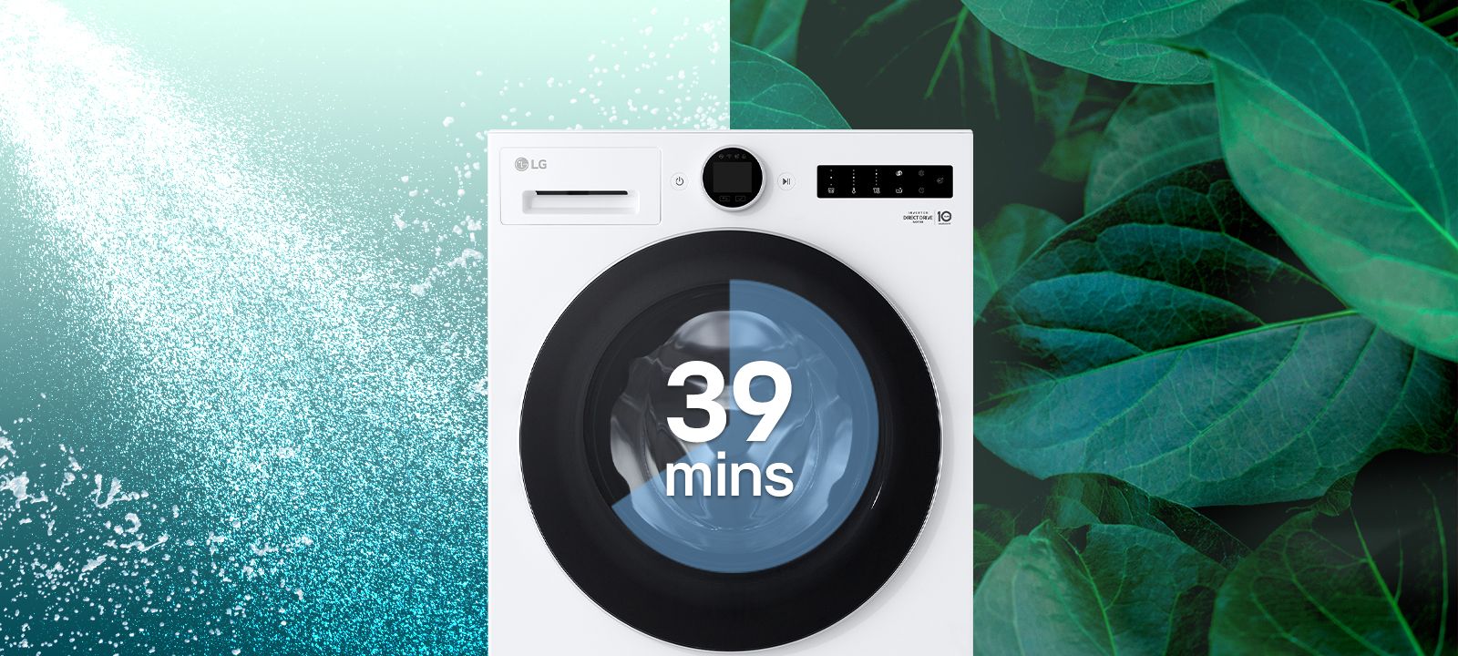 Zoom sur un écran de la machine à laver qui affiche 39 minutes pour montrer de l’eau s’évacuant du haut et du bas et un lavage en cours.