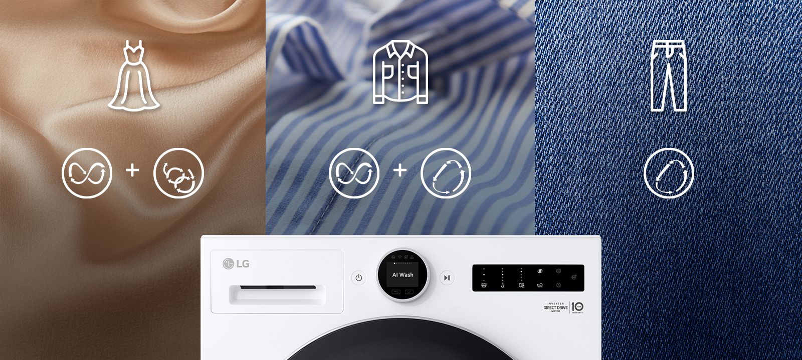 De la soie, des chemises et des jeans sont affichés et les fonctionnalités de AI Wash sont décrites.