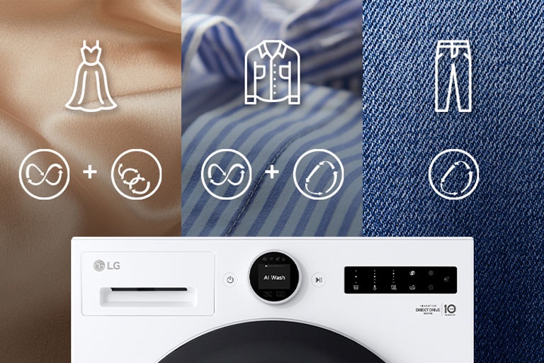 De la soie, des chemises et des jeans sont affichés et les fonctionnalités de AI Wash sont décrites.