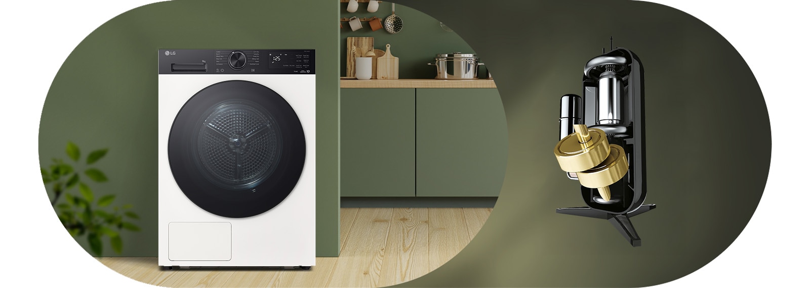 Image d’un sèche-linge LG placé dans un intérieur sur le thème du vert avec une mise en valeur visuelle du composant IA DUAL Inverter