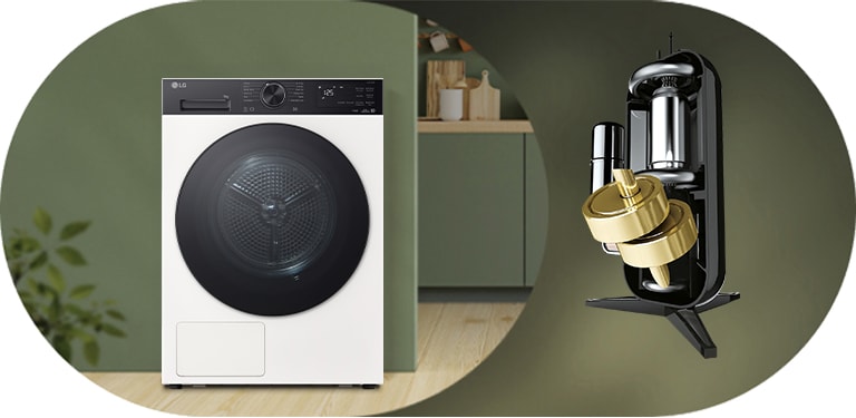 Image d’un sèche-linge LG placé dans un intérieur sur le thème du vert avec une mise en valeur visuelle du composant IA DUAL Inverter