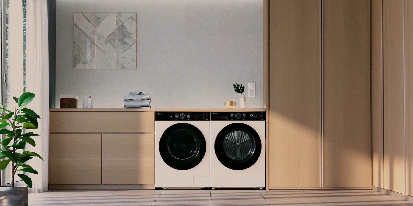 Une vidéo montrant des détails en gros plan du sèche-linge LG, y compris l’intérieur du tambour et le panneau d’affichage