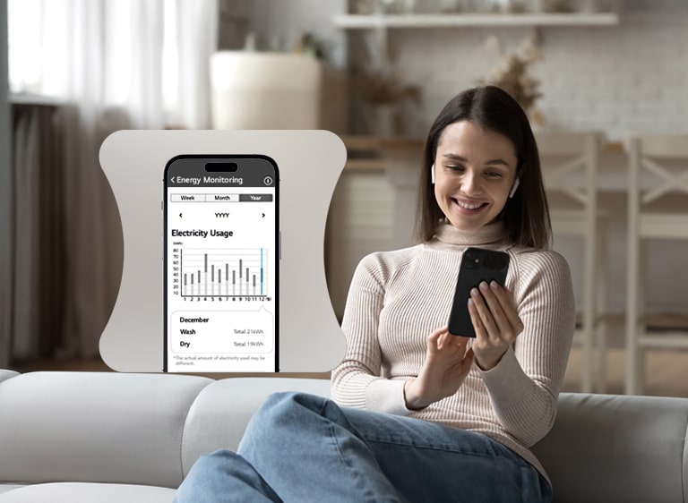 Une femme contrôle le sèche-linge LG à distance via une application ThinQ.