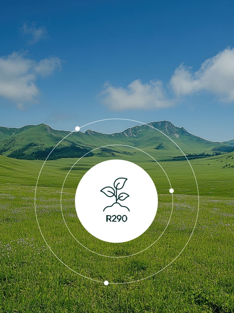 Icône R290 respectueuse de l’environnement avec des pousses sur fond de ciel et de prairie