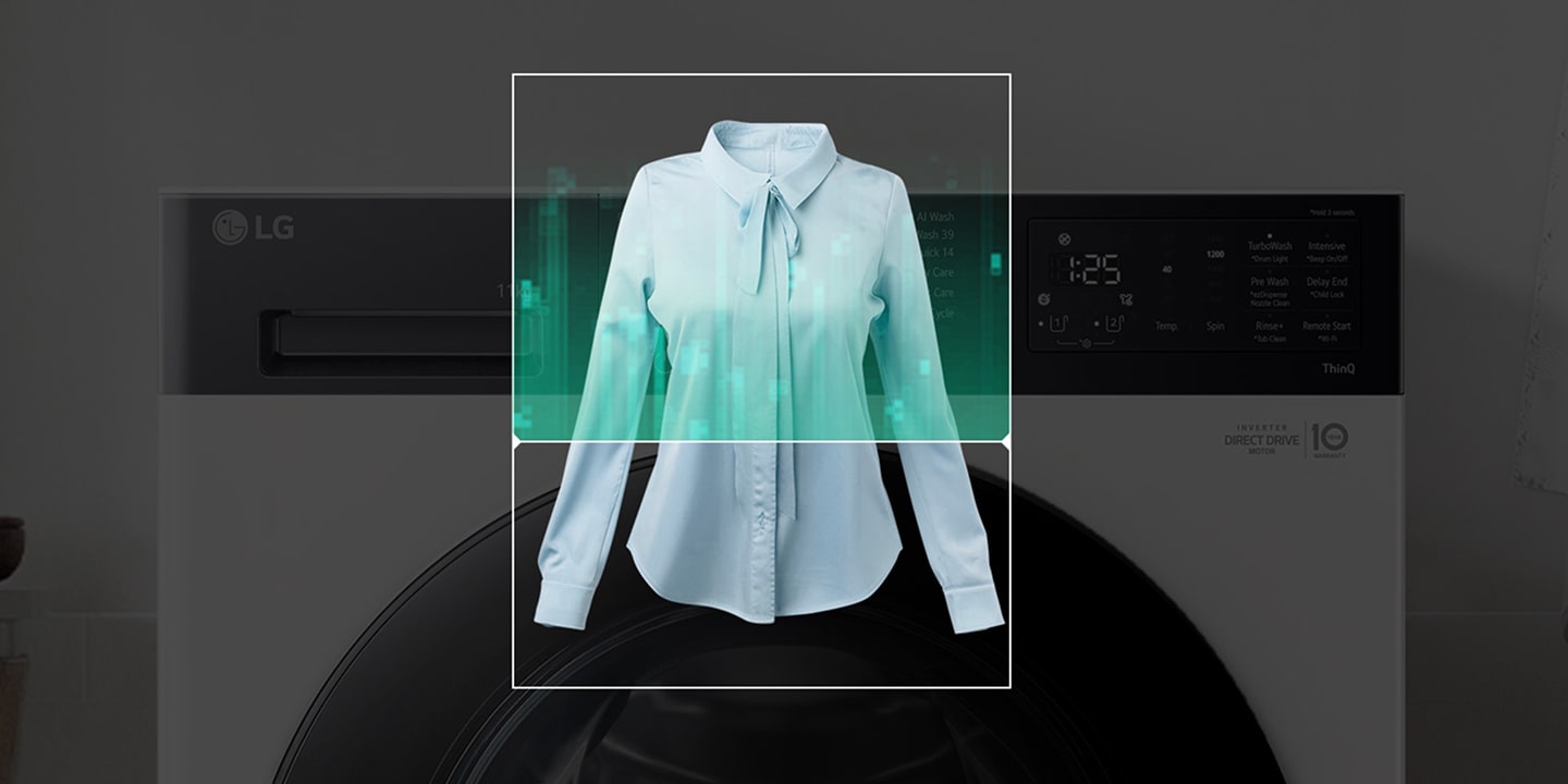 Vidéo montrant le cycle de lavage assisté par IA du lave-linge LG détectant la charge et le type de tissu