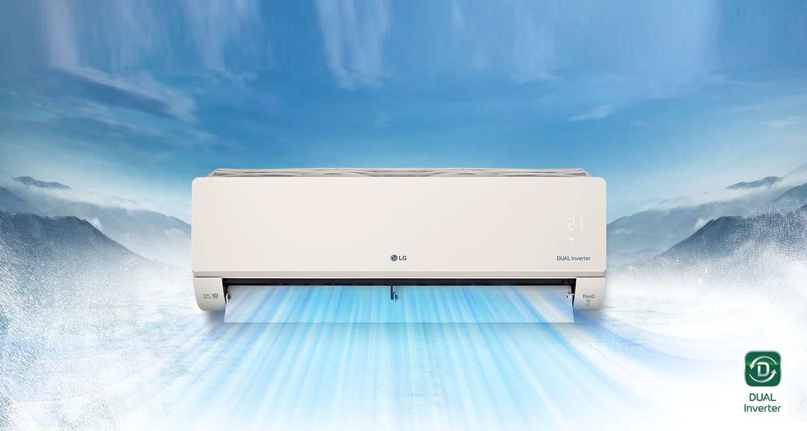 L’arrière-plan présente un paysage de montagne enneigée. La vue de face du climatiseur est au premier plan et de l’air s’échappe de l’appareil. Le logo de LG se trouve au centre de l’appareil, tandis que les logos Dual Inverter, ThinQ et le celui de la Garantie 10 ans Dual Inverter sont visibles sur les côtés de la façade. Le panneau indiquant la qualité de l’air est allumé en vert sur le côté droit. Le logo Dual Inverter se trouve dans le coin inférieur droit de la vidéo.