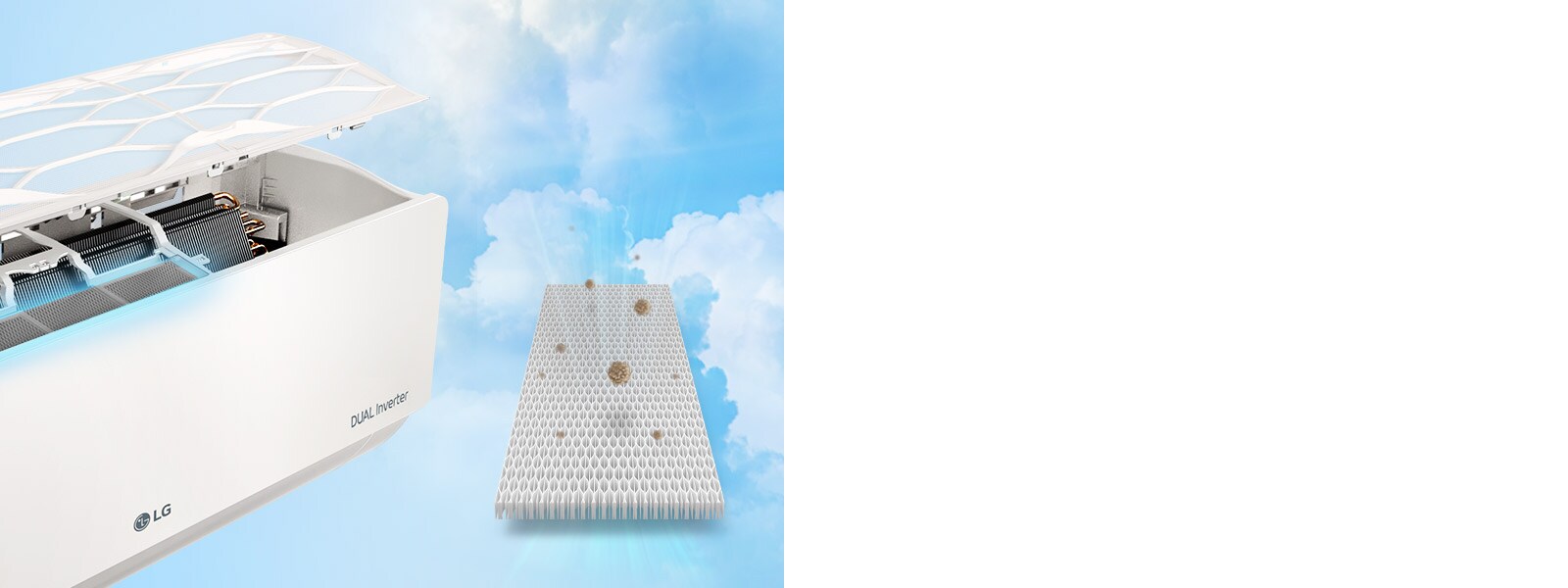 Le climatiseur LG est visible avec le dessus ouvert exposant l’intérieur. Une lumière néon bleue met en évidence le filtre à l’intérieur. Près du climatiseur se trouve le filtre seul, avec la poussière qu’il a retenue.