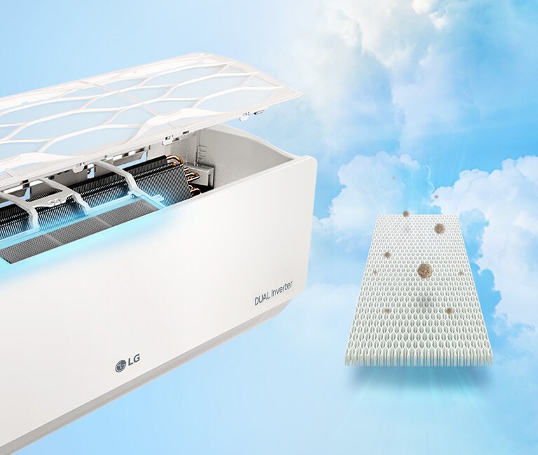 Le climatiseur LG est visible avec le dessus ouvert exposant l’intérieur. Une lumière néon bleue met en évidence le filtre à l’intérieur. Près du climatiseur se trouve le filtre seul, avec la poussière qu’il a retenue.