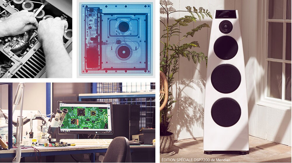 Collage. Dans le sens horaire, à partir de l’extrémité supérieure gauche : deux images du matériel interne de Meridian, une enceinte blanche de Meridian et le bureau de R&D de Meridian