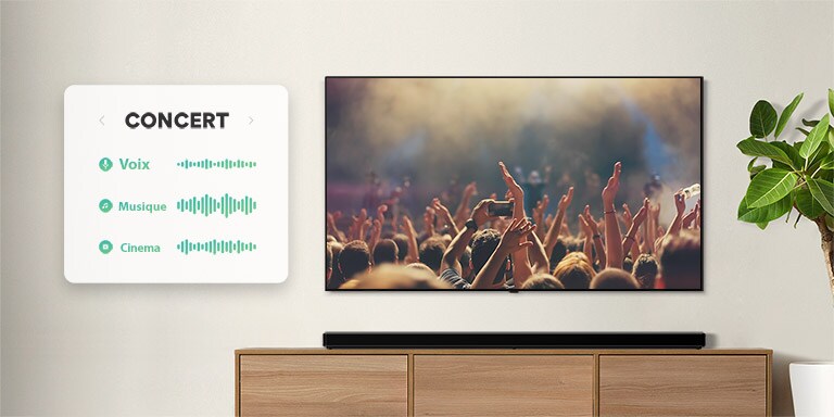 Le téléviseur est fixé au mur. On peut voir sur le téléviseur des gens applaudissant au concert, le canal passe à une scène de film mettant en scène une voiture au volant dans une forêt, et le canal bascule à nouveau vers un bulletin d’informations et un présentateur qui parle. La barre de son LG se trouve juste en dessous du téléviseur sur une étagère beige. (Reproduire la vidéo)