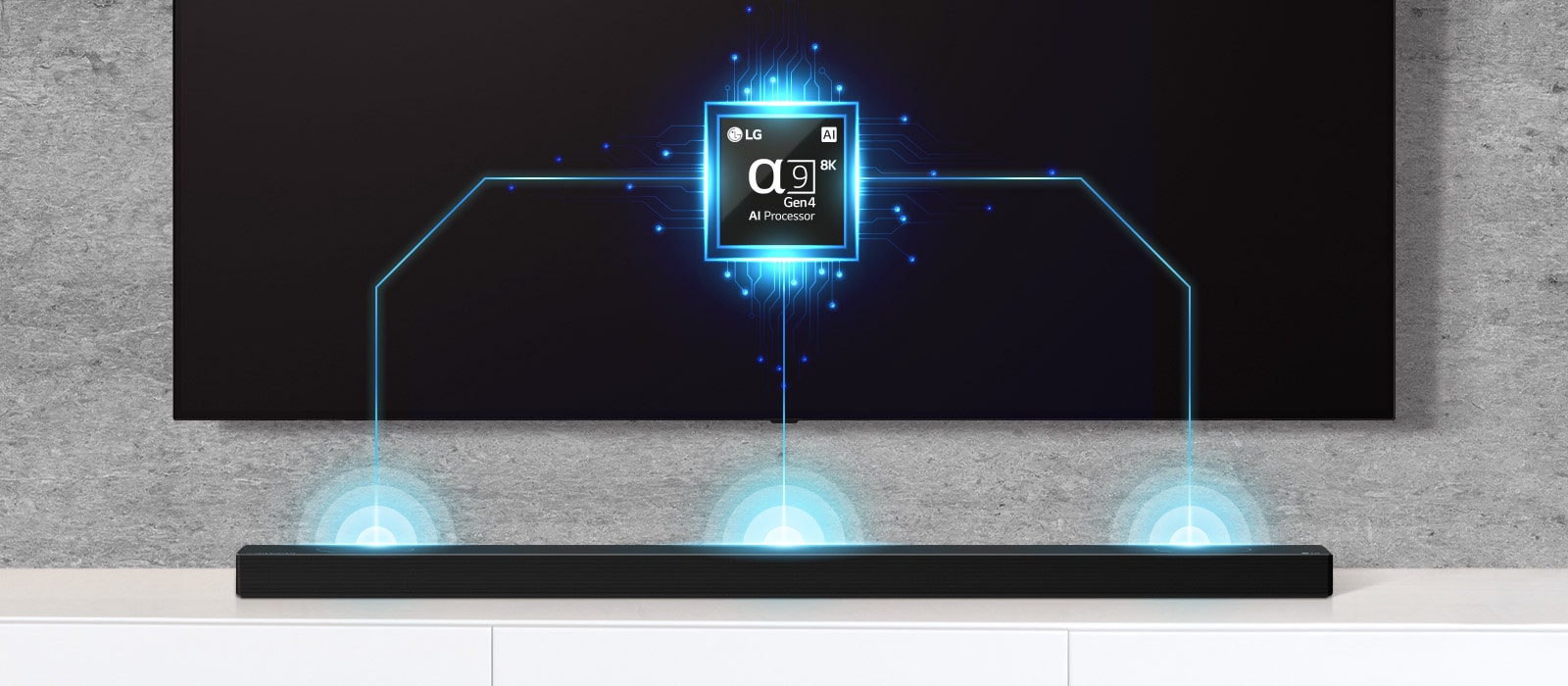 Il y a une l'image d'une puce Alpha&nbsp;9 sur le téléviseur et une barre de son juste en dessous. On peut aussi voir des effets Soundwave sortant de la barre de son.