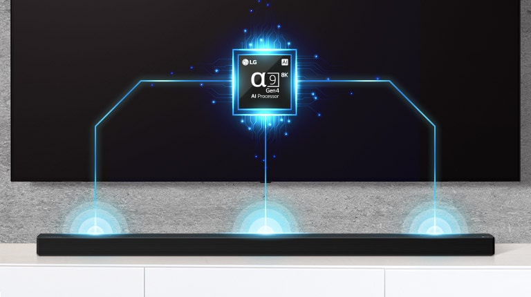 Il y a une l'image d'une puce Alpha&nbsp;9 sur le téléviseur et une barre de son juste en dessous. On peut aussi voir des effets Soundwave sortant de la barre de son.