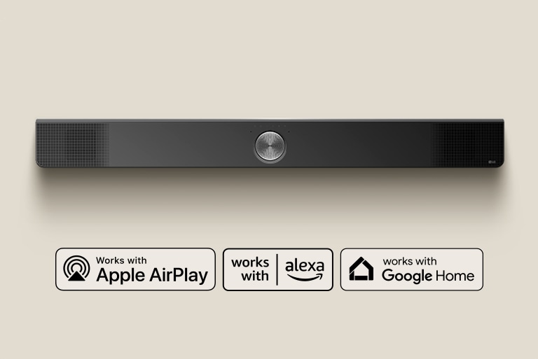 Vue de dessus d'une LG Soundbar. Logo Apple AirPlay Logo Amazon Alexa Logo Google Home