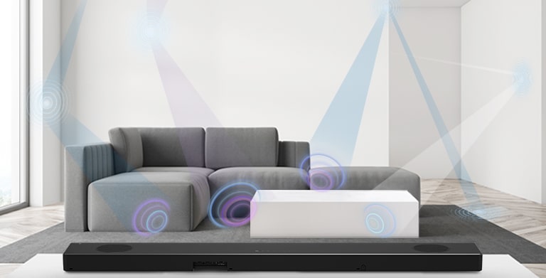 Arrière de la barre de son LG dans le salon avec un canapé gris au centre. Des graphiques de la longueur d'onde mesurant l'espace sont présentés.