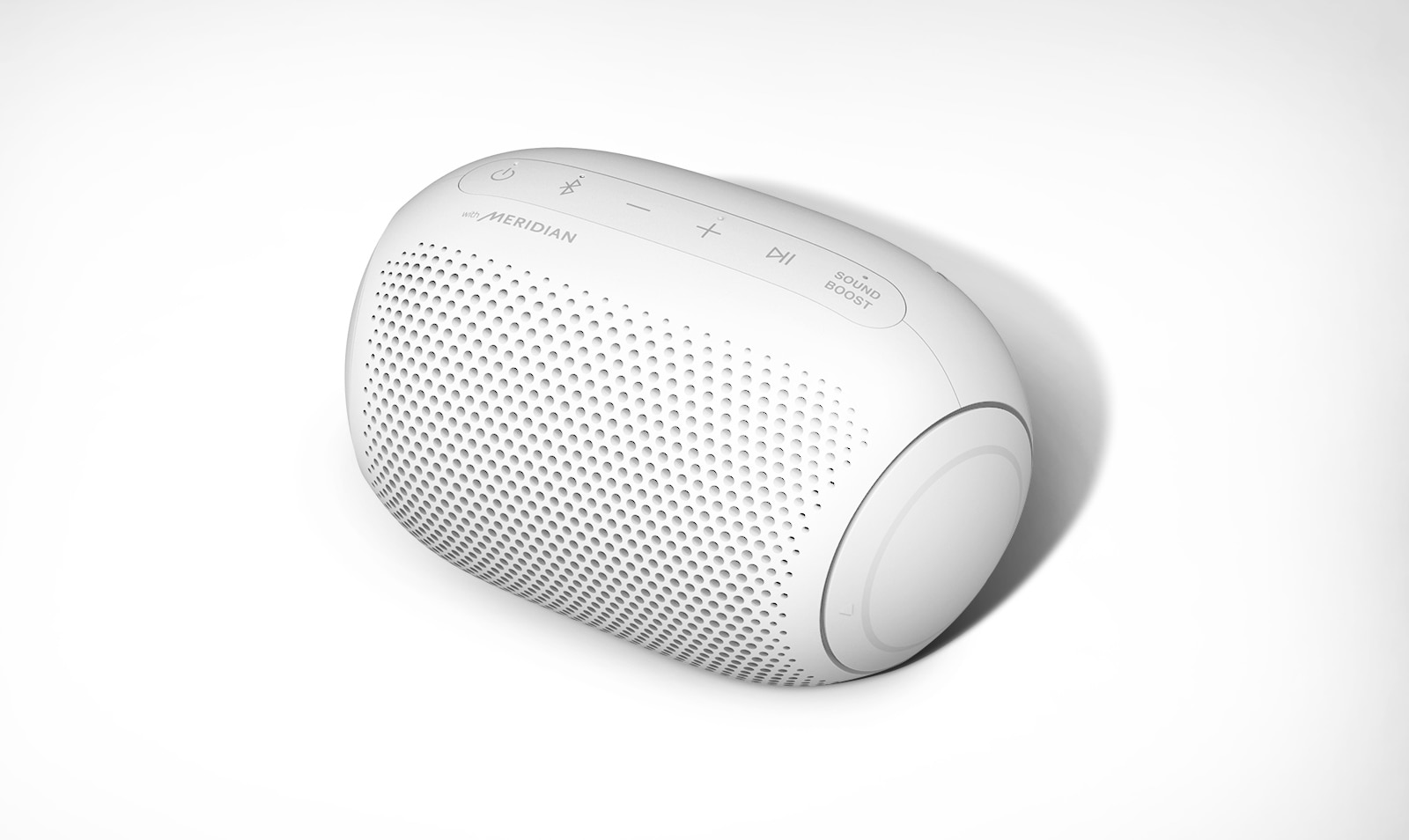 Sur un fond blanc, une vue diagonale descendante du LG XBOOM Go.