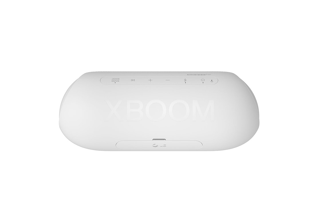 LG XBOOMGo PL7W, Un XBOOM Go avec un éclairage violet à chaque extrémité. La vue est inclinée de 15 degrés vers le bas., PL7W, thumbnail 15