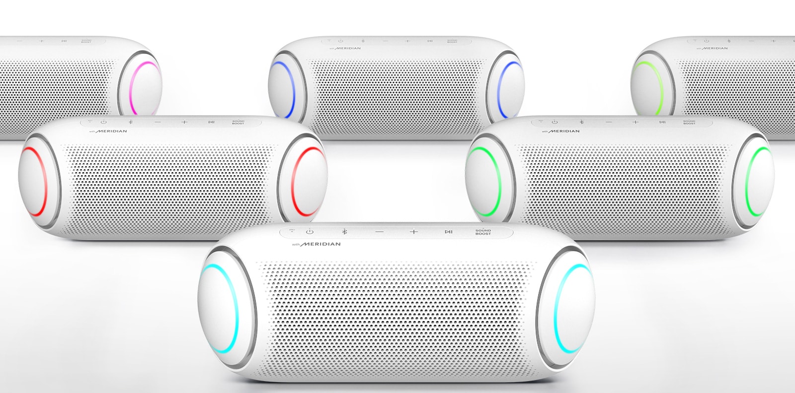 Sur un arrière-plan blanc, cinq XBOOM Go présentent un éclairage de différentes couleurs.