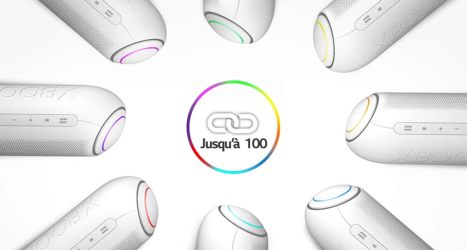 Sur un arrière-plan blanc, huit LG XBOOM Go avec de différentes lumières sont placés dans un cercle autour d’une icône de lien.