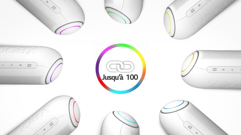 Sur un arrière-plan blanc, huit LG XBOOM Go avec de différentes lumières sont placés dans un cercle autour d’une icône de lien.