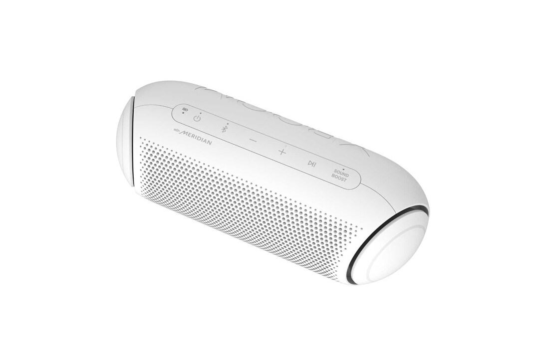 LG XBOOMGo PL5W, Close-up of one end of an XBOOM Go, the left woofer has circular purple lighting., PL5W, thumbnail 14