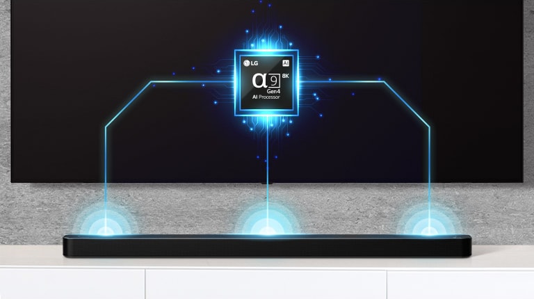 Il y a une l'image d'une puce Alpha&nbsp;9 sur le téléviseur et une barre de son juste en dessous. On peut aussi voir des effets Soundwave sortant de la barre de son.