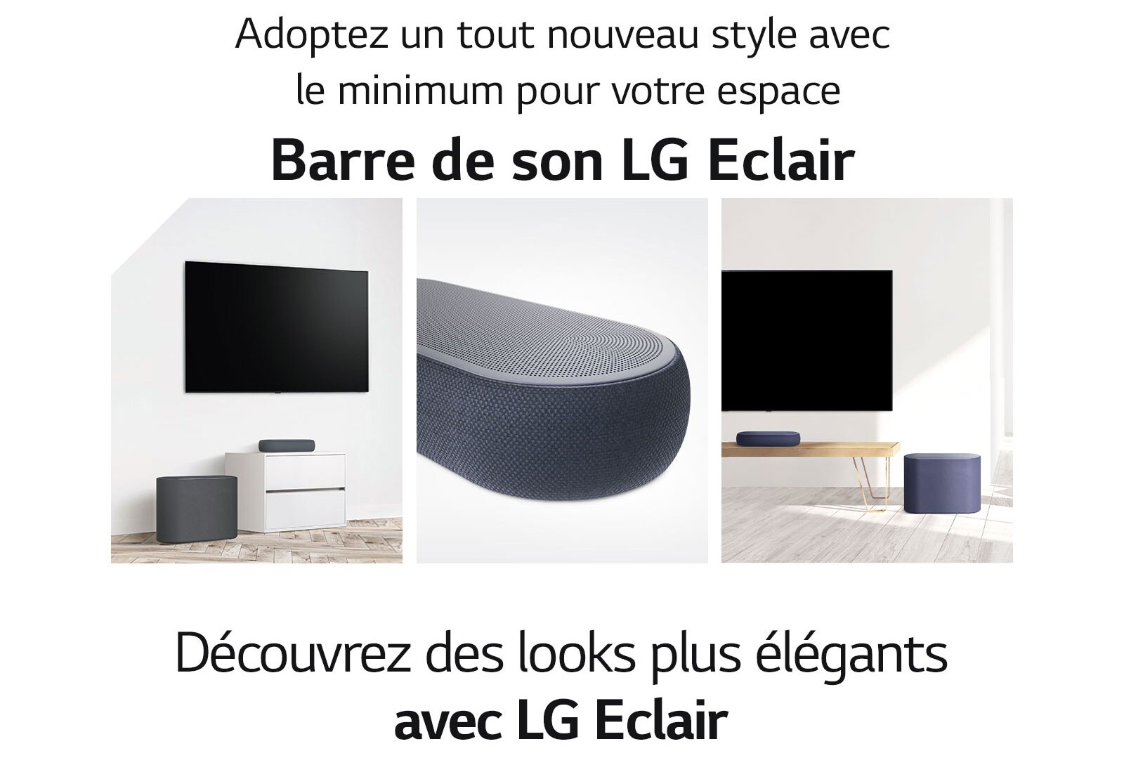 Il existe un collage de trois images - barre de son et caisson de basses dans un salon blanc sur le côté gauche, gros plan d’un côté droit de la barre de son au milieu, et barre de son et caisson de basses placés sur une armoire en bois sur le côté droit d’une image de collage.