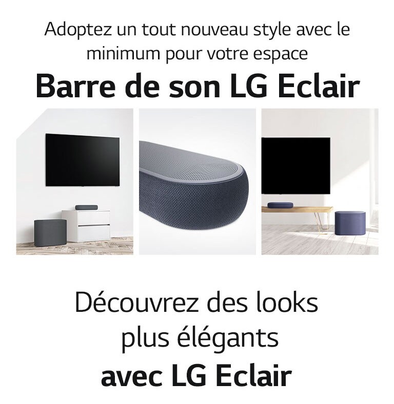 Il existe un collage de trois images - barre de son et caisson de basses dans un salon blanc sur le côté gauche, gros plan d’un côté droit de la barre de son au milieu, et barre de son et caisson de basses placés sur une armoire en bois sur le côté droit d’une image de collage.