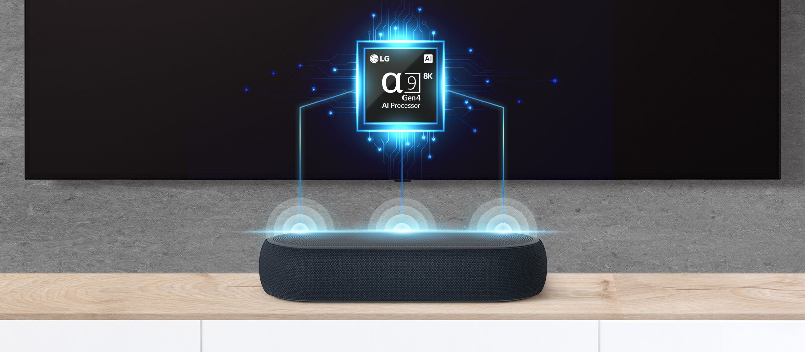 Une image de puce alpha neuve s’affiche à l’écran du téléviseur avec une barre de son juste en dessous. Des effets d’ondes sonores qui sortent également de la barre de son.