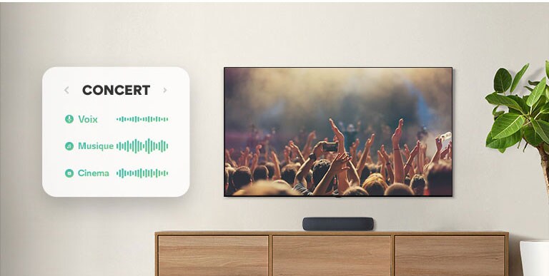 Le téléviseur est fixé au mur. Le téléviseur montre des gens qui applaudissent à un concert, l’image change et montre une scène de film avec une voiture roulant dans une forêt, elle change une fois de plus pour passer aux Informations et un présentateur parle. La barre de son LG est juste en dessous du téléviseur sur une étagère en bois.