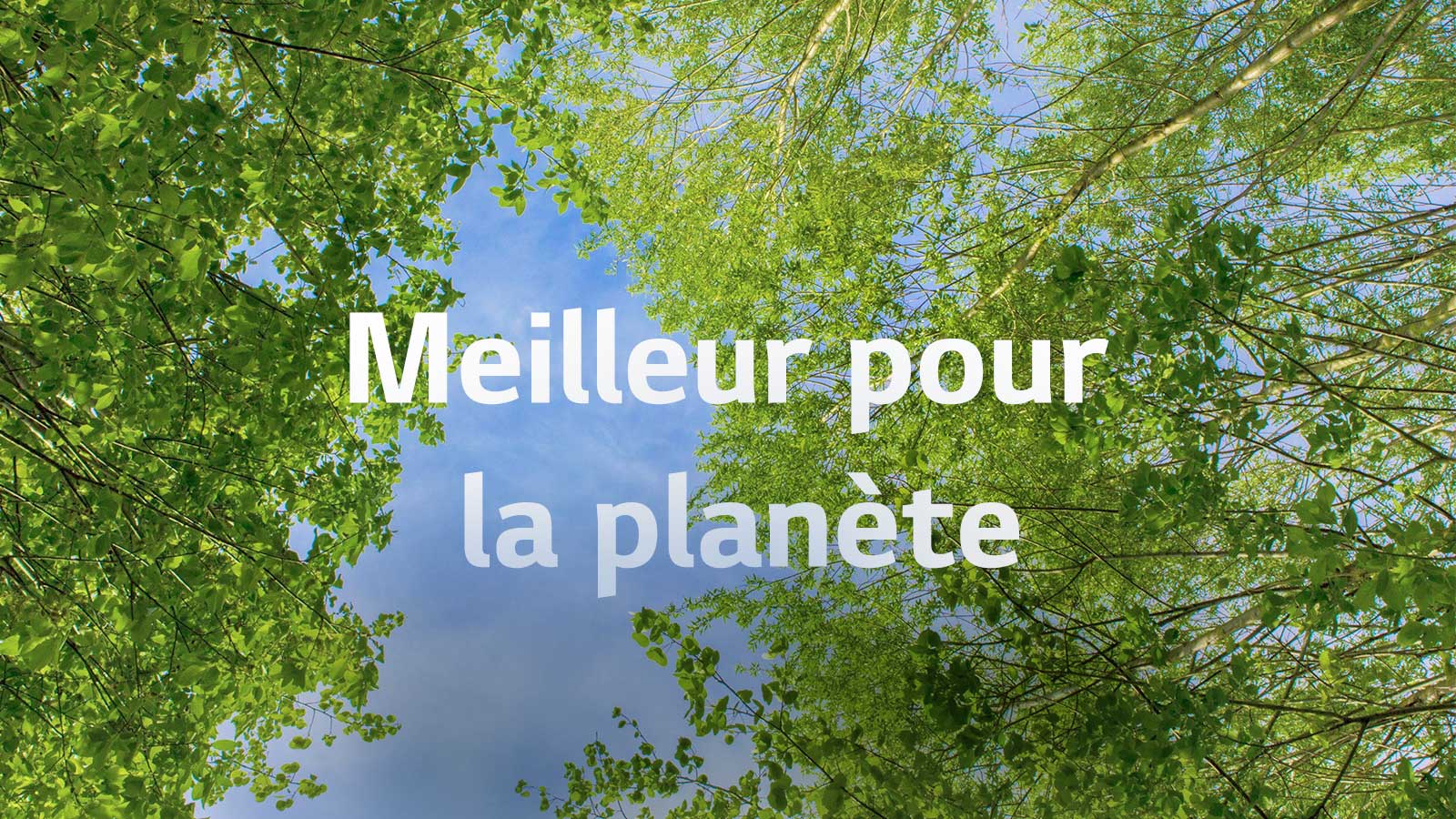 Une image de verdure pleine de riches arbres feuillus et un ciel s’affiche au milieu. La première version du slogan que voici&nbsp;: «&nbsp;Meilleur pour la planète&nbsp;» est inscrite avec une taille de police en gras