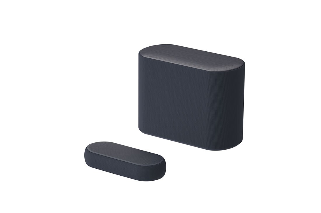 LG Barre de son LG QP5, vue diagonale de la barre de son et du caisson de basses, DQP5, thumbnail 2