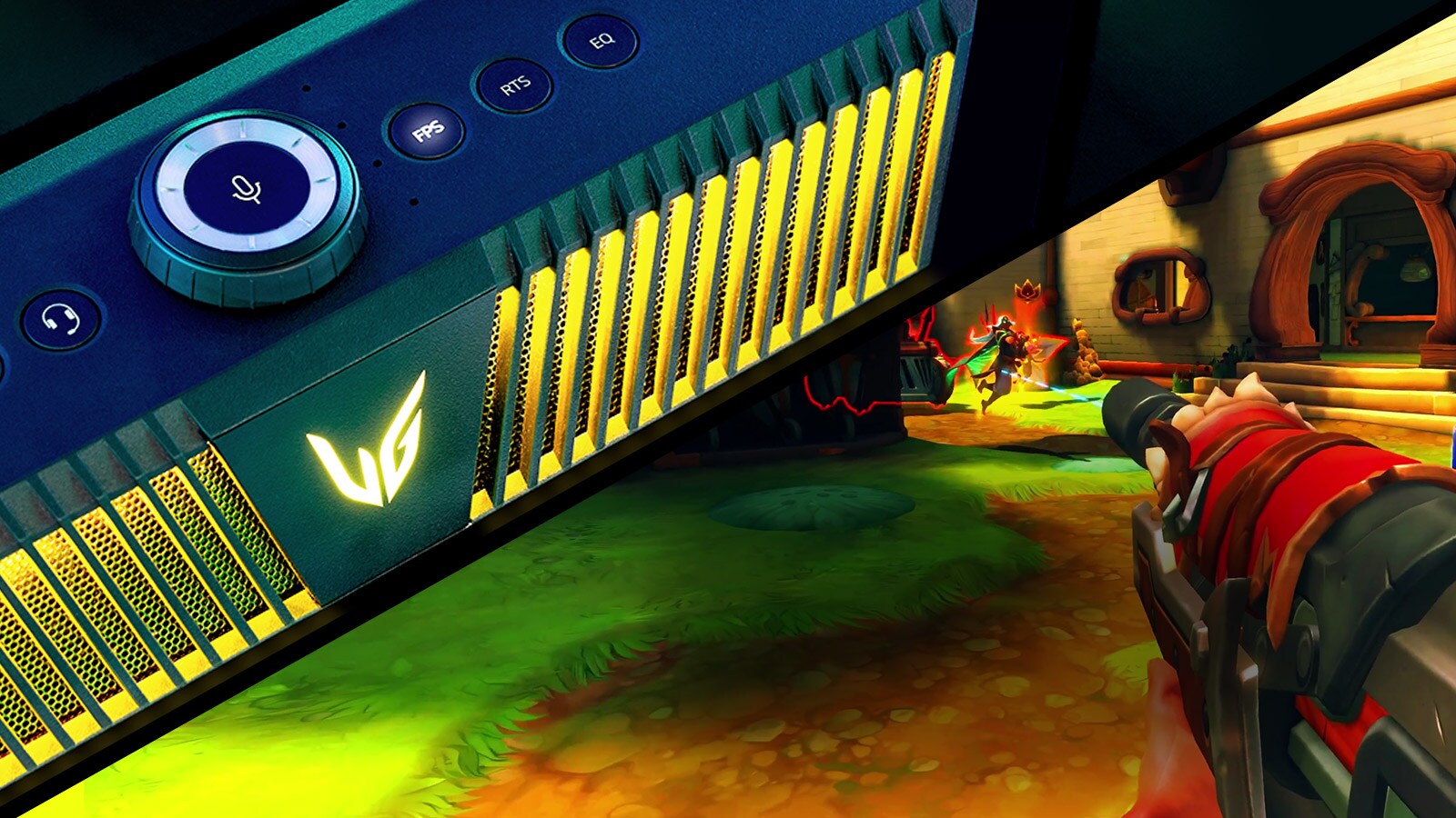 Un haut-parleur de jeu est placé en diagonale sous un éclairage jaune&nbsp;; et, sous le haut-parleur, se présente une scène du jeu FPS.