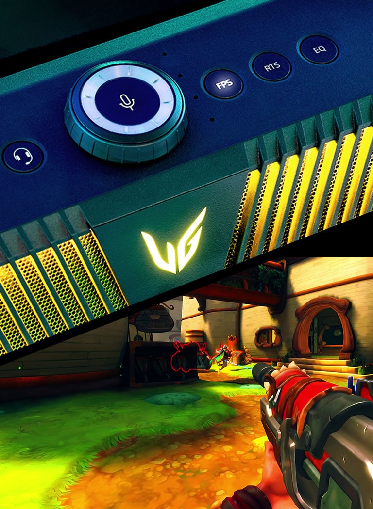 Un haut-parleur de jeu est placé en diagonale sous un éclairage jaune&nbsp;; et, sous le haut-parleur, se présente une scène du jeu FPS.