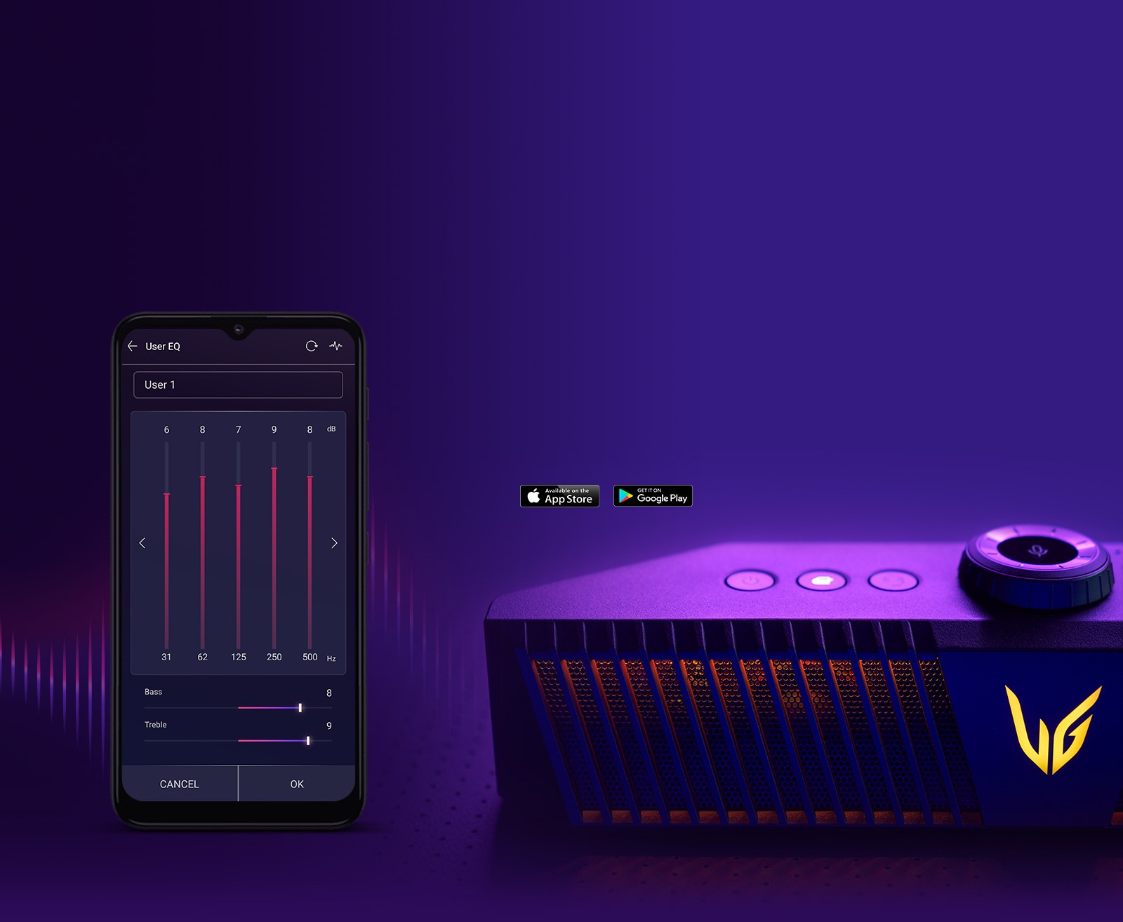 Un haut-parleur de jeu à éclairage jaune est placé sur une table à éclairage violet. On peut y voir un téléphone mobile avec une image de réglage d’Égaliseur à l’écran.